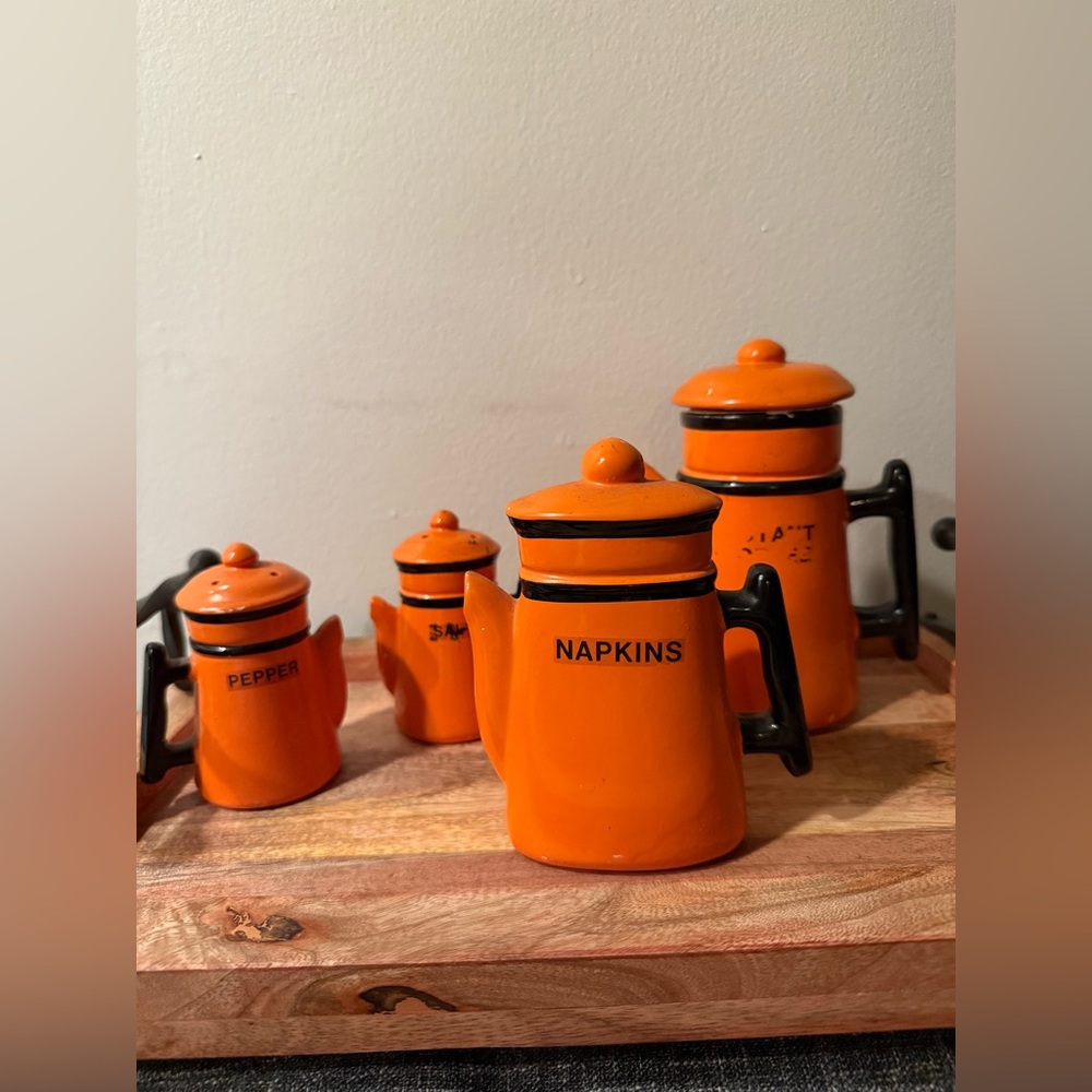Vintage Orange Coffee Pot Salt & Pepper, Napkin Holder, Coffee Jar Set